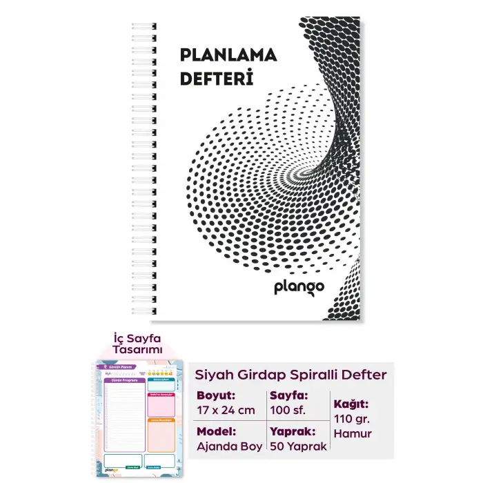 Siyah Girdap Günlük Planlayıcı Defter -  Ders Çalışma Planlayıcı Defteri - Planlama Defteri