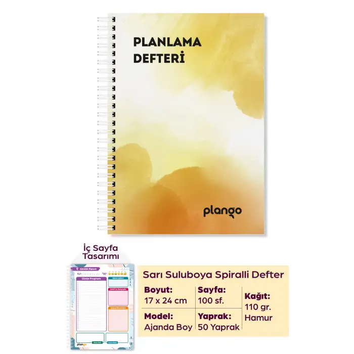 Sarı Suluboya Günlük Planlayıcı Defter -  Ders Çalışma Planlayıcı Defteri - Planlama Defteri