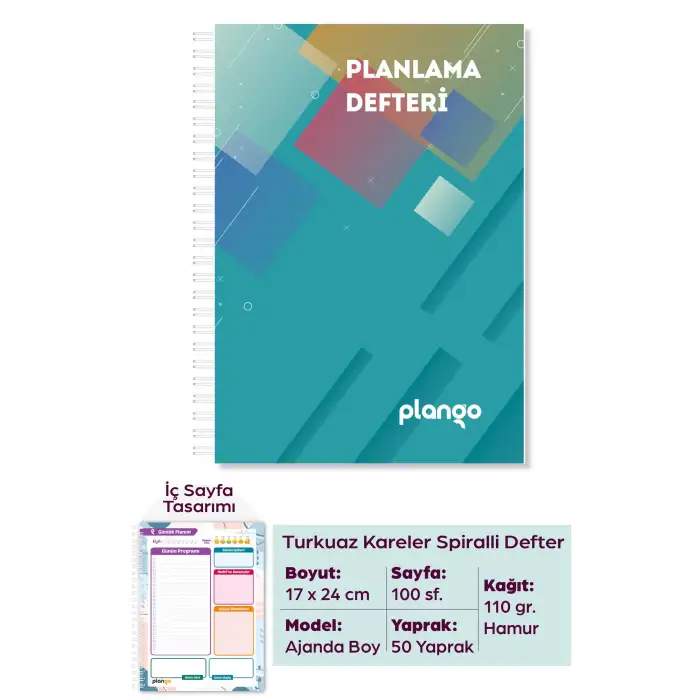 Turkuaz Kareler Günlük Planlayıcı Defter - Ders Çalışma Planlayıcı Defteri - Planlama Defteri