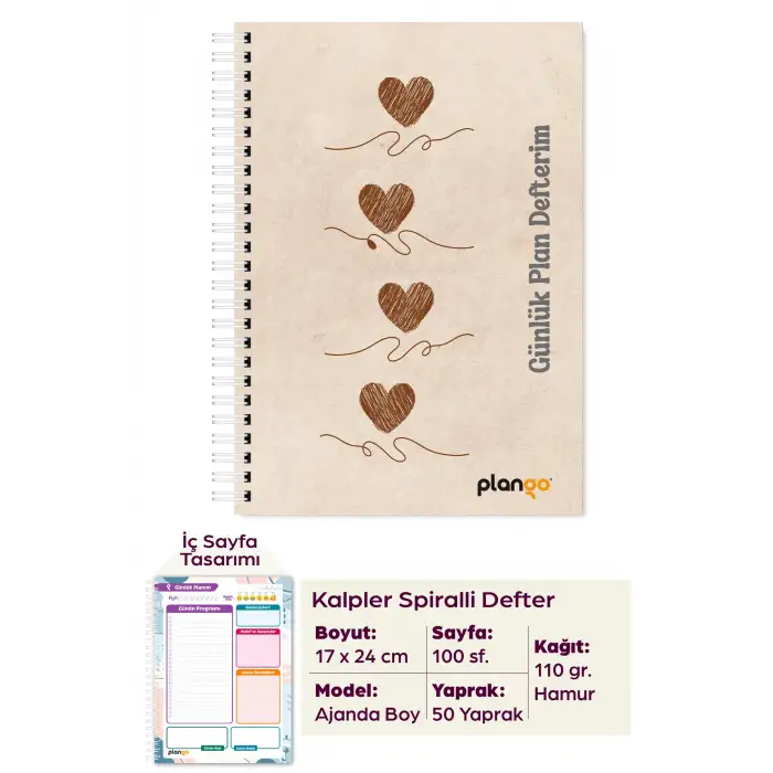 Kalplerin Dansı Spiralli Günlük Planlama Defteri - 100 Sayfa - 17x24 Planlayıcı Defter