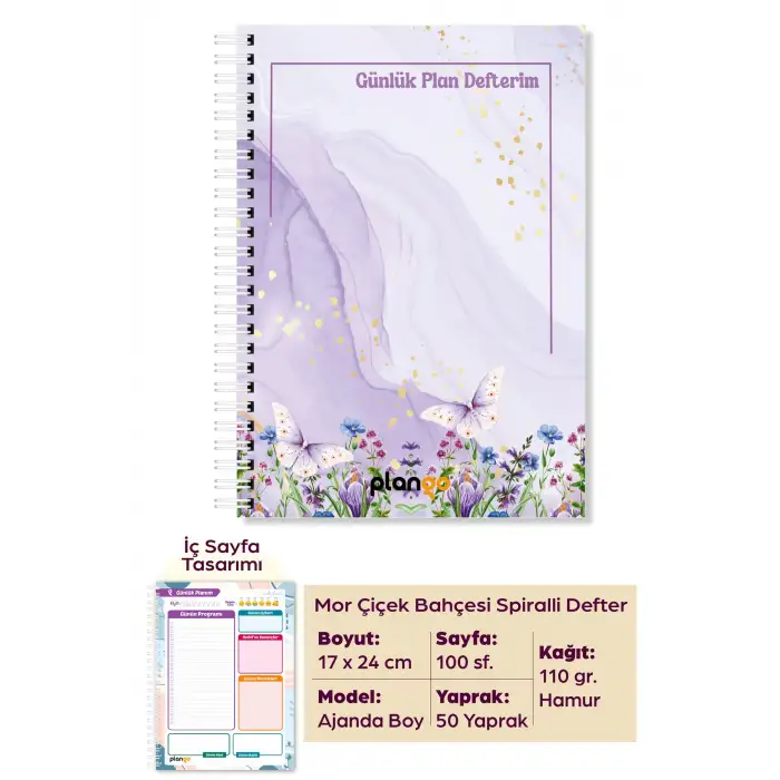 Mor Çiçek Bahçesi Spiralli Günlük Planlama Defteri - 100 Sayfa - 17x24 Planlayıcı Defter