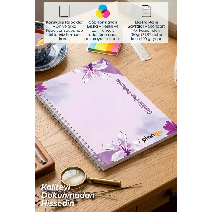 Mor Çiçek Bahçesi Spiralli Günlük Planlama Defteri - 100 Sayfa - 17x24 Planlayıcı Defter