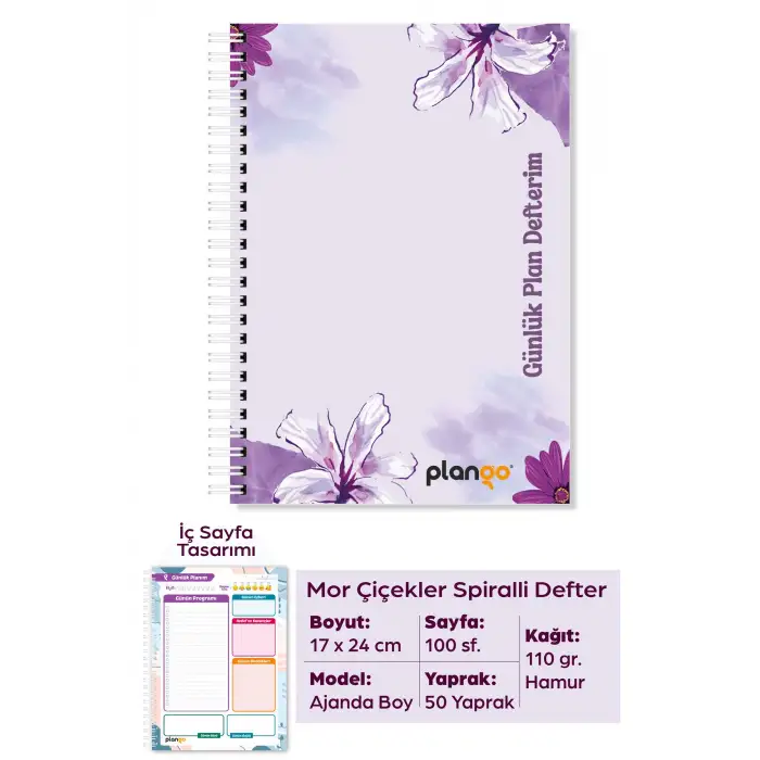 Mor Çiçekler Spiralli Günlük Planlama Defteri - 100 Sayfa - 17x24 Planlayıcı Defter