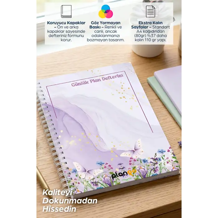 Mor Çiçekler Spiralli Günlük Planlama Defteri - 100 Sayfa - 17x24 Planlayıcı Defter