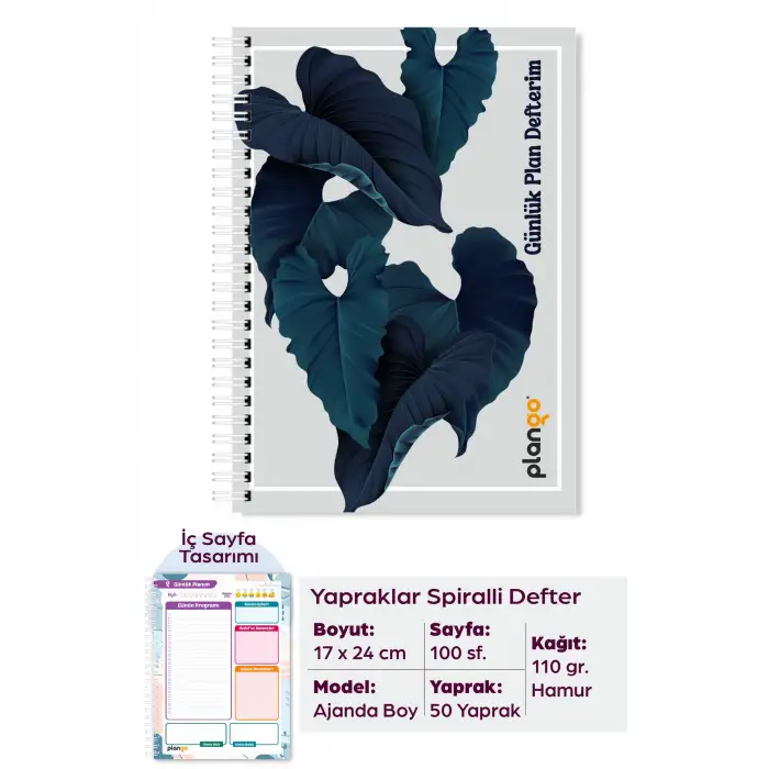 Yapraklar Spiralli Günlük Planlama Defteri - 100 Sayfa - 17x24 Planlayıcı Defter