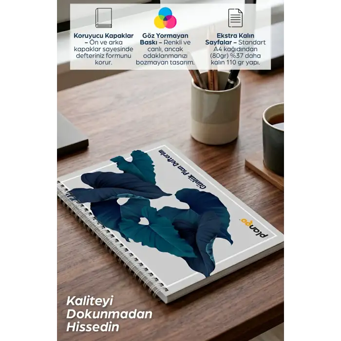 Yapraklar Spiralli Günlük Planlama Defteri - 100 Sayfa - 17x24 Planlayıcı Defter