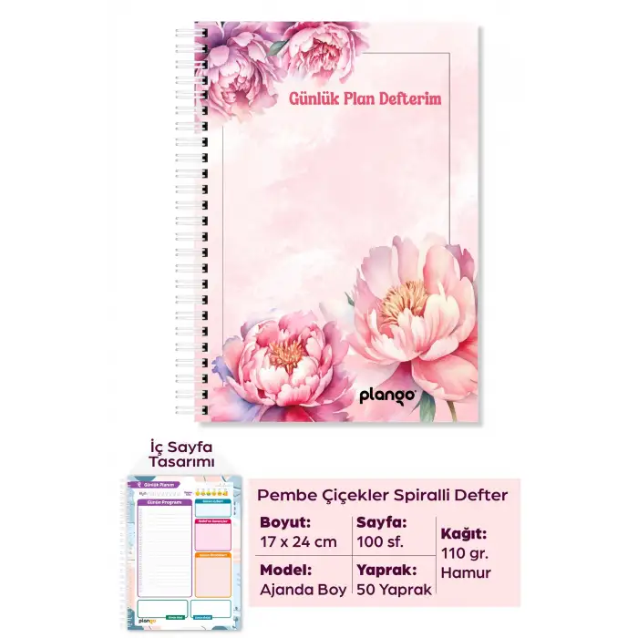 Pembe Çiçekler Spiralli Günlük Planlama Defteri - 100 Sayfa - 17x24 Planlayıcı Defter