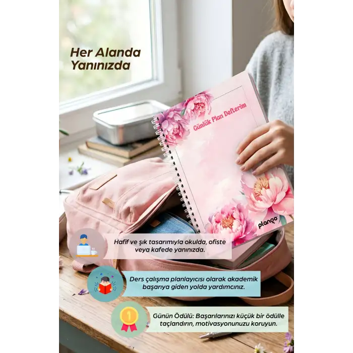 Pembe Çiçekler Spiralli Günlük Planlama Defteri - 100 Sayfa - 17x24 Planlayıcı Defter