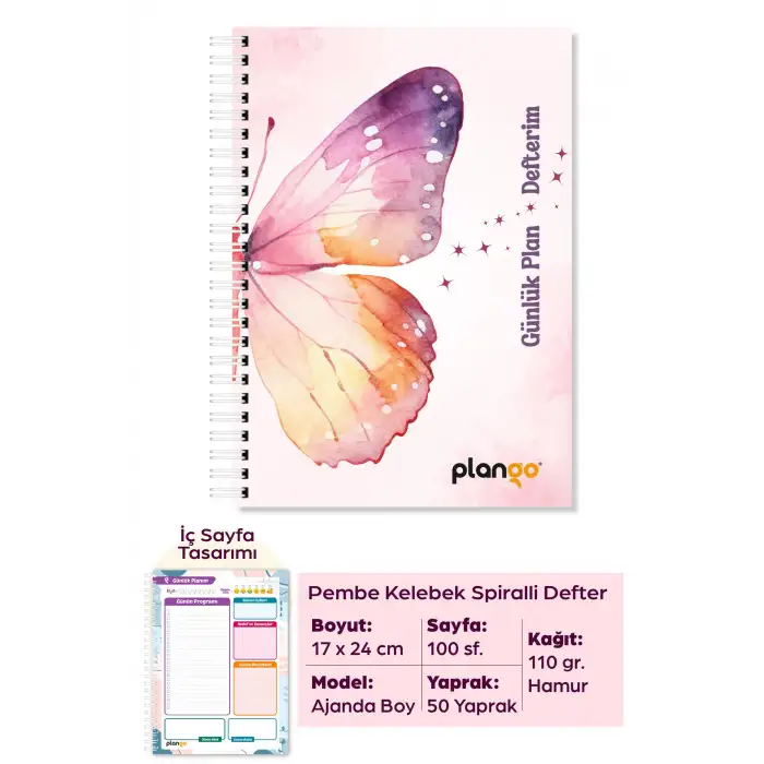 Pembe Kelebek Spiralli Günlük Planlama Defteri - 100 Sayfa - 17x24 Planlayıcı Defter