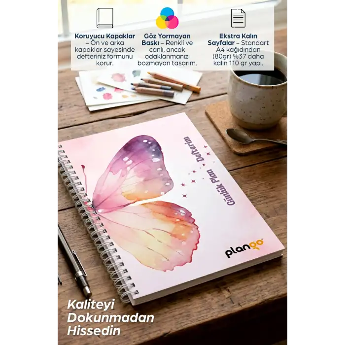 Pembe Kelebek Spiralli Günlük Planlama Defteri - 100 Sayfa - 17x24 Planlayıcı Defter