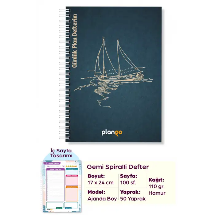 Gemi Spiralli Spiralli Günlük Planlama Defteri - 100 Sayfa - 17x24 Planlayıcı Defter