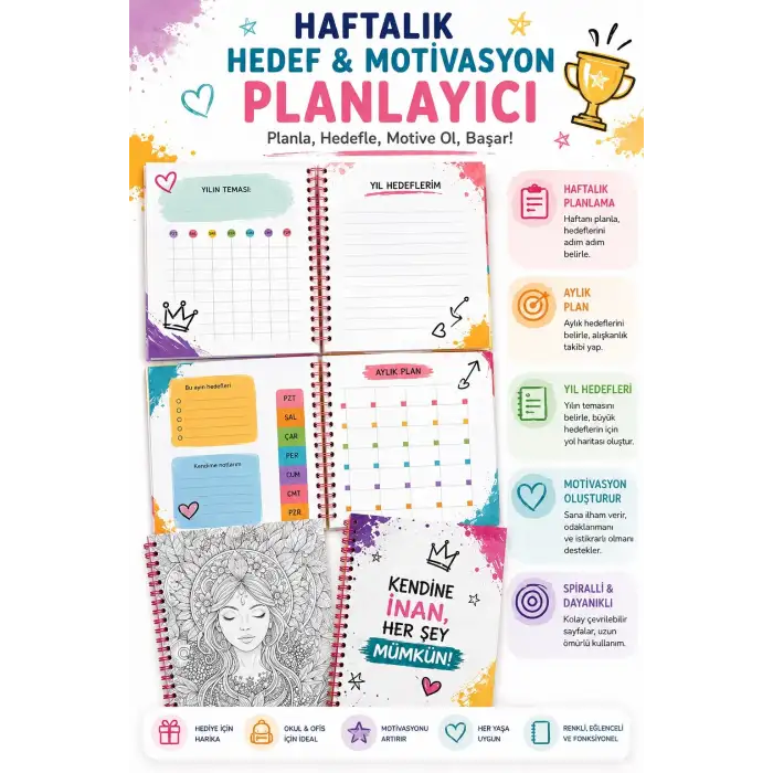 Motivasyon Ajandam RENKLİ - Pastel Seri - Stickerlı - Tarihsiz - 160 Sayfa - Sert Kapak