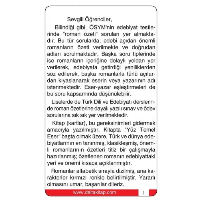 Roman Özetleri Kartları - Delta Kültür Yayınları