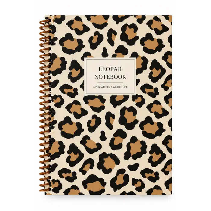 17x24 Spiralli Leopar Desen Sert Kapak Defter - KAHVE KREM (Kareli - 100 Yaprak)