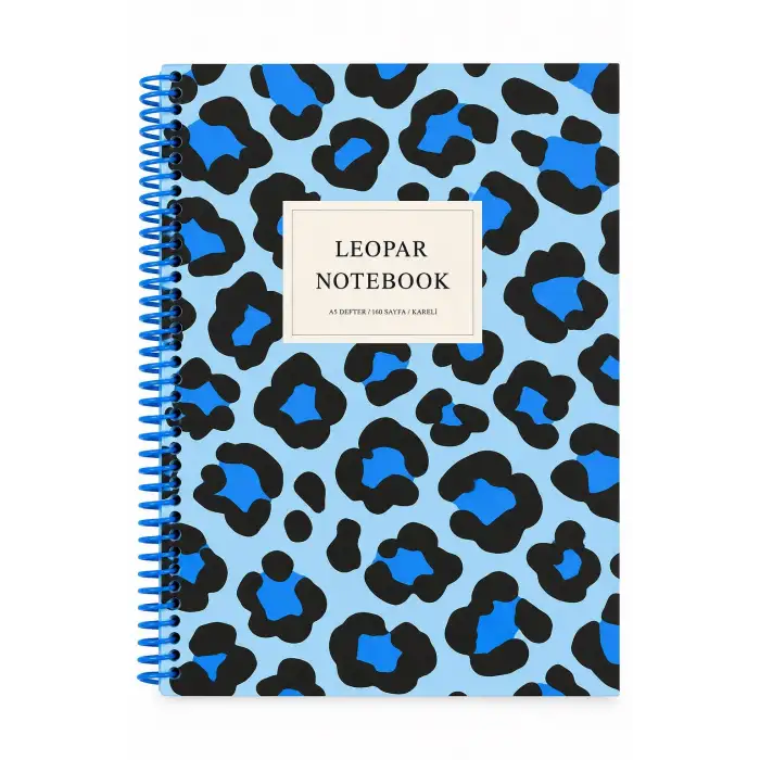 17x24 Spiralli Leopar Desen Sert Kapak Defter - MAVİ (Kareli - 100 Yaprak)