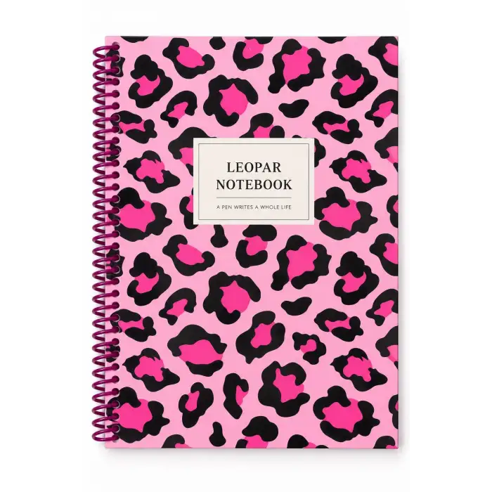 17x24 Spiralli Leopar Desen Sert Kapak Defter - PEMBE (Kareli - 100 Yaprak)