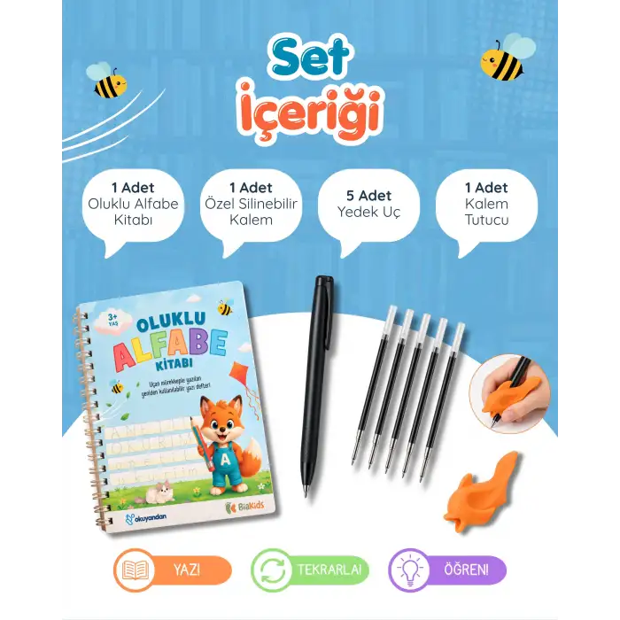 Oluklu Alfabe Yazı Kitabı - Sihirli Uçan Kalem Hediyeli - Kabartmalı Yazı Defteri ile Alfabeyi Hızla Öğren
