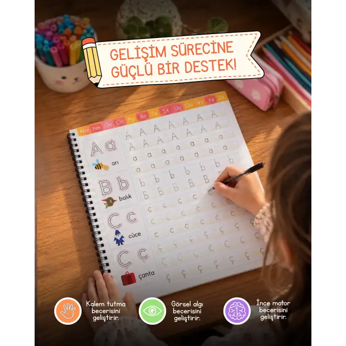 Oluklu Alfabe Yazı Kitabı - Sihirli Uçan Kalem Hediyeli - Kabartmalı Yazı Defteri ile Alfabeyi Hızla Öğren