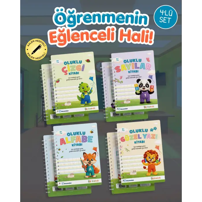 Oluklu Kitap Seti - Oluklu Alfabe - Oluklu Sayılar - Oluklu Güzel Yazı - Oluklu Çizgi - 4 Kitap
