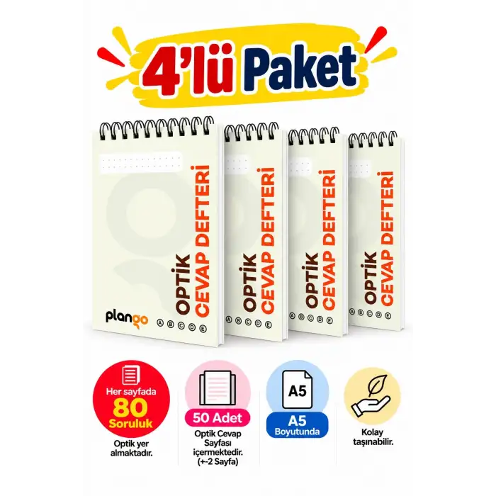 Optik Cevap Defteri KUM BEYAZI 80 Soru - A5 Boy (4 Adet - 200 Sayfa) Sınava Hazırlık Optik Form Defteri - Plango