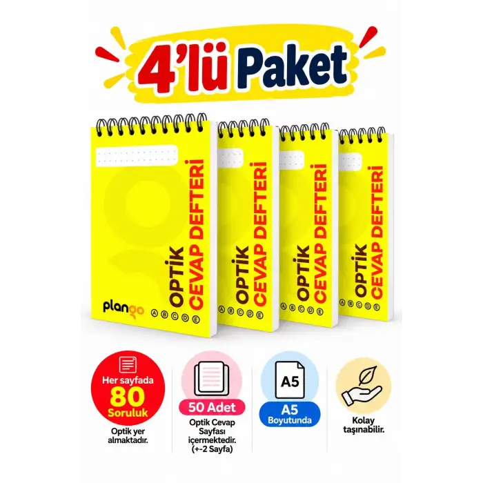 Optik Cevap Defteri SARI 80 Soru - A5 Boy (4 Adet - 200 Sayfa) Sınava Hazırlık Optik Form Defteri - Plango