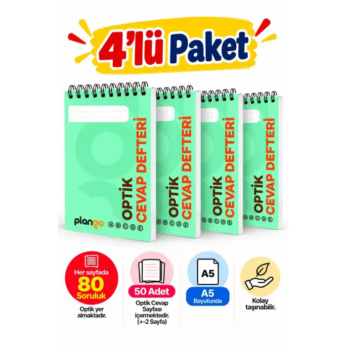 Optik Cevap Defteri YEŞİL 80 Soru - A5 Boy (4 Adet - 200 Sayfa) Sınava Hazırlık Optik Form Defteri - Plango