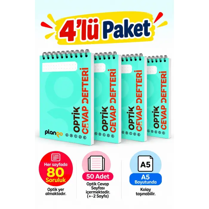 Optik Cevap Defteri TURKUAZ 80 Soru - A5 Boy (4 Adet - 200 Sayfa) Sınava Hazırlık Optik Form Defteri - Plango