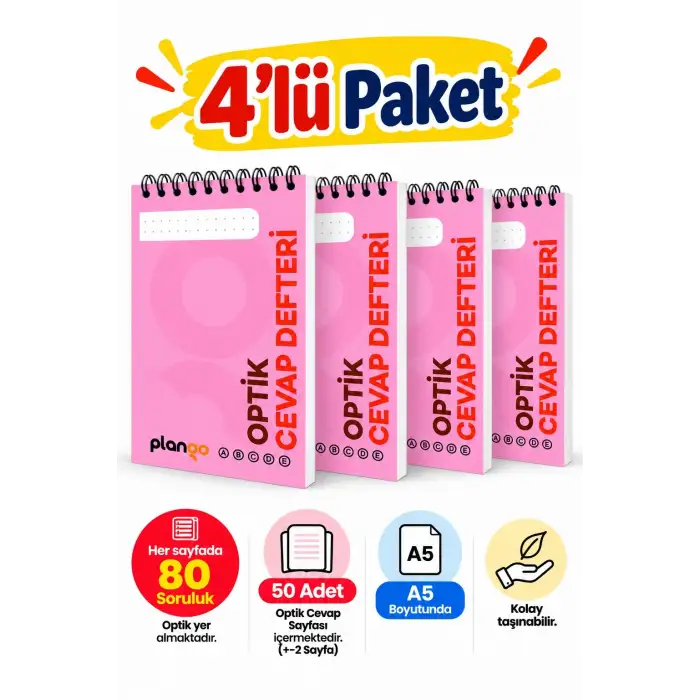 Optik Cevap Defteri PUDRA 80 Soru - A5 Boy (4 Adet - 200 Sayfa) Sınava Hazırlık Optik Form Defteri - Plango