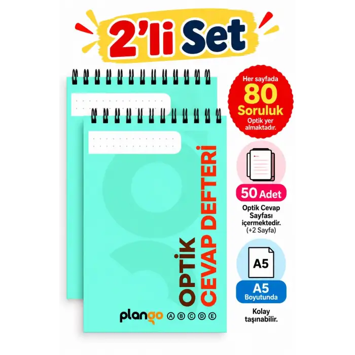 Optik Cevap Defteri TURKUAZ 80 Soru - A5 Boy (2 Adet - 100 Sayfa) Sınava Hazırlık Optik Form Defteri - Plango
