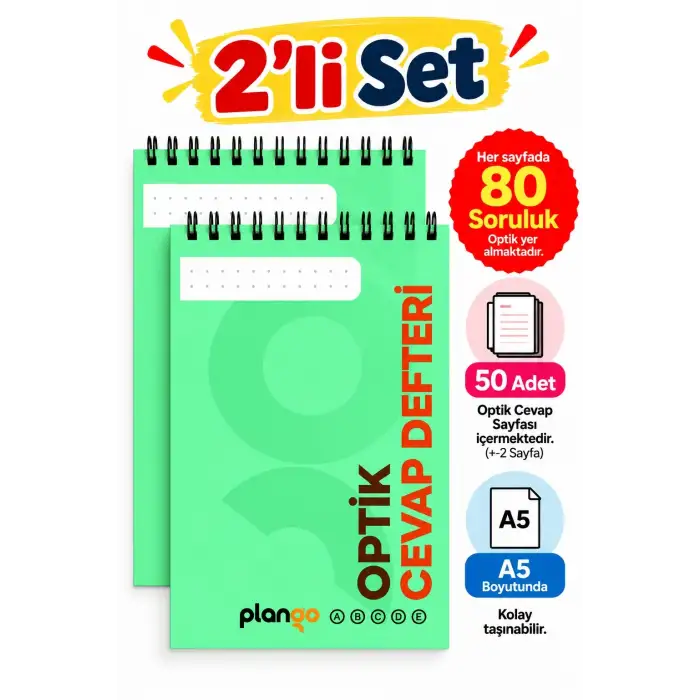 Optik Cevap Defteri YEŞİL 80 Soru - A5 Boy (2 Adet - 100 Sayfa) Sınava Hazırlık Optik Form Defteri - Plango