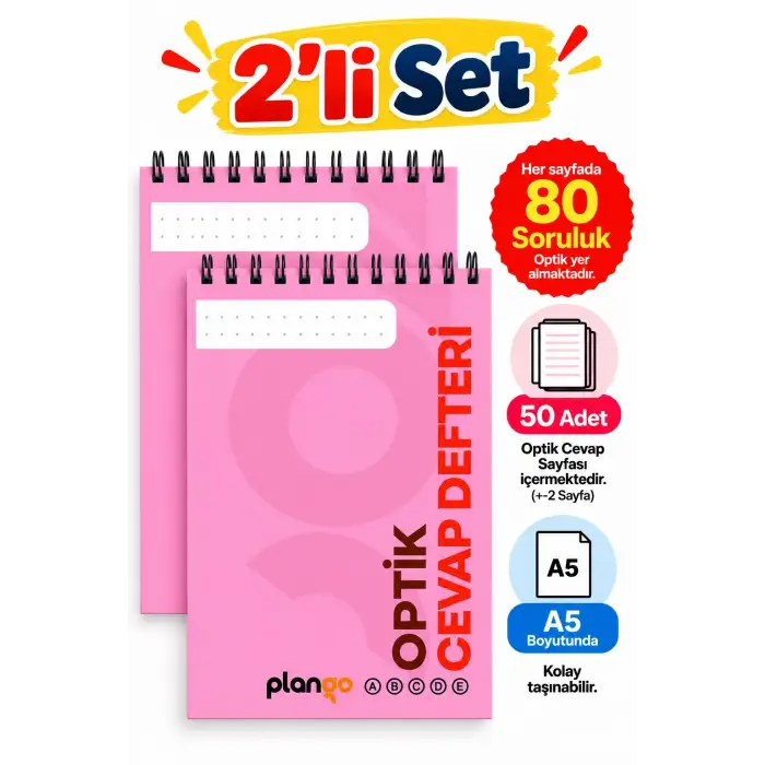 Optik Cevap Defteri PUDRA 80 Soru - A5 Boy (2 Adet - 100 Sayfa) Sınava Hazırlık Optik Form Defteri - Plango