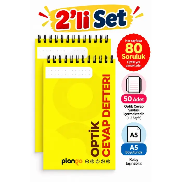 Optik Cevap Defteri SARI 80 Soru - A5 Boy (2 Adet - 100 Sayfa) Sınava Hazırlık Optik Form Defteri - Plango