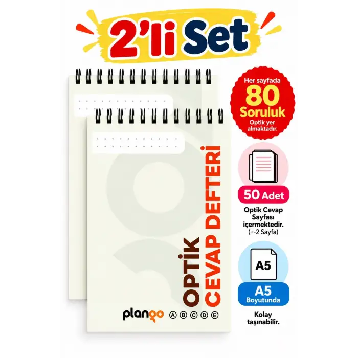 Optik Cevap Defteri KUM BEYAZI 80 Soru - A5 Boy (2 Adet - 100 Sayfa) Sınava Hazırlık Optik Form Defteri - Plango