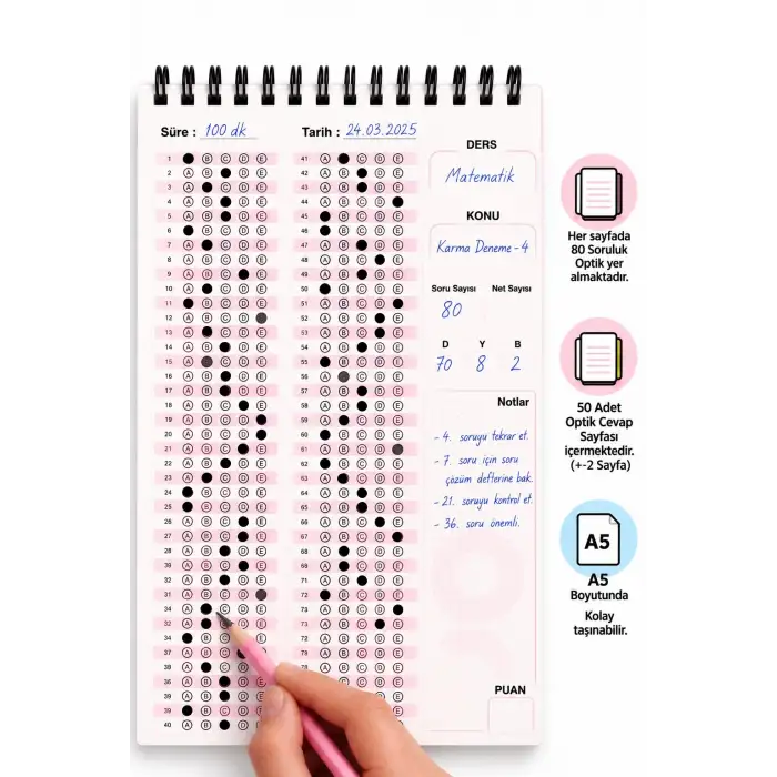 Optik Cevap Defteri KUM BEYAZI 80 Soru - A5 Boy (2 Adet - 100 Sayfa) Sınava Hazırlık Optik Form Defteri - Plango