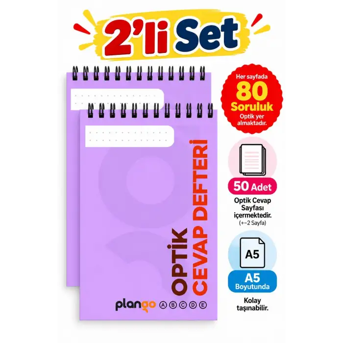 Optik Cevap Defteri MOR  80 Soru - A5 Boy (2 Adet - 100 Sayfa) Sınava Hazırlık Optik Form Defteri - Plango