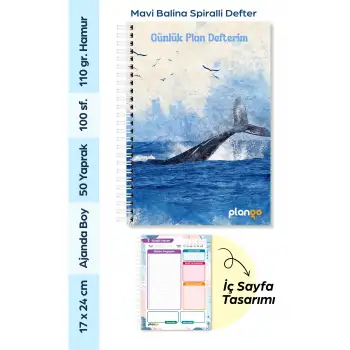 Mavi Balina Spiralli Günlük Planlama Defteri - 100 Sayfa - 17x24 Planlayıcı Defter