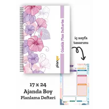 Mor Çiçekler Spiralli Günlük Planlama Defteri - 100 Sayfa - 17x24 Planlayıcı Defter