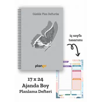 Gri Kelebek Spiralli Günlük Planlama Defteri - 100 Sayfa - 17x24 Planlayıcı Defter