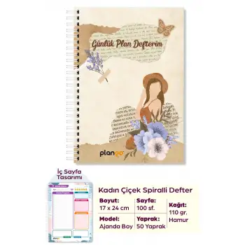 Kadın ve Çiçek Spiralli Günlük Planlama Defteri - 100 Sayfa - 17x24 Planlayıcı Defter