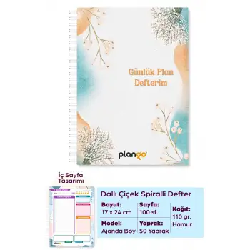Suluboya Çiçek Spiralli Günlük Planlama Defteri - 100 Sayfa - 17x24 Planlayıcı Defter