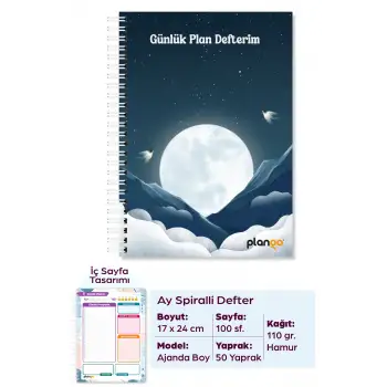 Ay ve Bulutlar Spiralli Günlük Planlama Defteri - 100 Sayfa - 17x24 Planlayıcı Defter