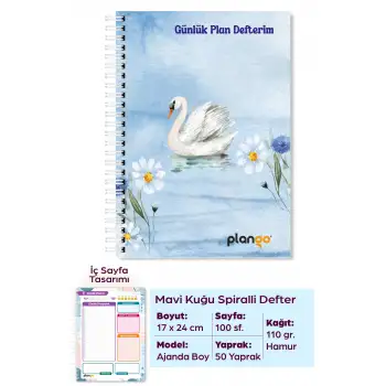 Mavi Kuğu Spiralli Günlük Planlama Defteri - 100 Sayfa - 17x24 Planlayıcı Defter