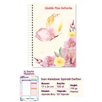 Sarı Kelebek Spiralli Günlük Planlama Defteri - 100 Sayfa - 17x24 Planlayıcı Defter