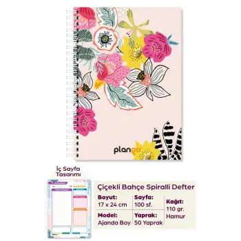 Renkli Çiçekler Spiralli Günlük Planlama Defteri - 100 Sayfa - 17x24 Planlayıcı Defter