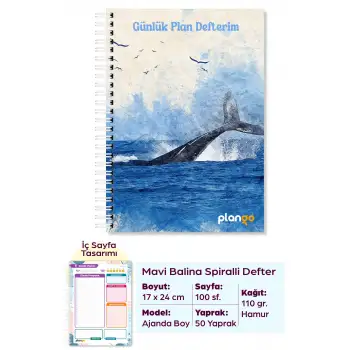 Mavi Balina Spiralli Günlük Planlama Defteri - 100 Sayfa - 17x24 Planlayıcı Defter