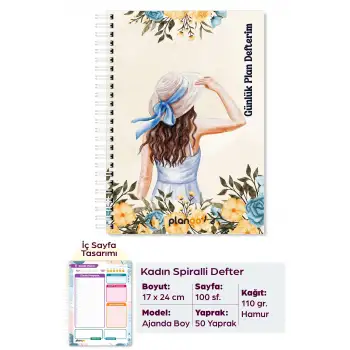 Şapkalı Kadın Spiralli Günlük Planlama Defteri - 100 Sayfa - 17x24 Planlayıcı Defter