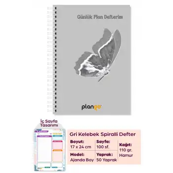 Gri Kelebek Spiralli Günlük Planlama Defteri - 100 Sayfa - 17x24 Planlayıcı Defter