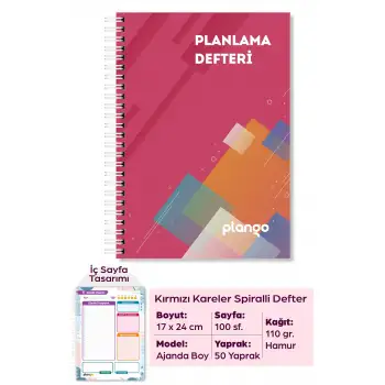 Kırmızı Kareler Günlük Planlayıcı Defter - Ders Çalışma Planlayıcı Defteri - Planlam