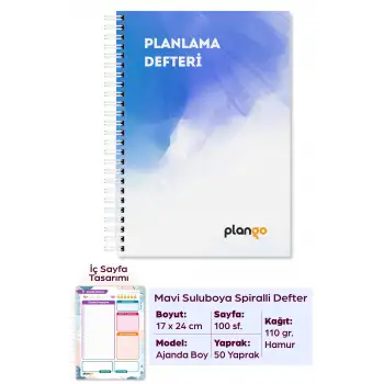 Mavi Suluboya Günlük Planlayıcı Defter -  Ders Çalışma Planlayıcı Defteri - Planlama Defteri