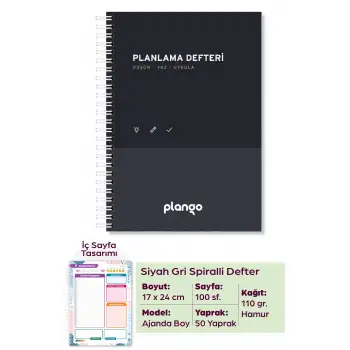 Siyah - Gri Günlük Planlayıcı Defter - Ders Çalışma Planlayıcı Defteri - Planlama Defteri
